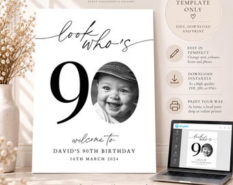 90th Birthday Welcome Sign Template, Photo Sign, Look Who’s 90, Editable Templett