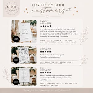 May include: A customer review graphic featuring three wedding signage examples: a welcome sign for Emily and Thomas, a bridal shower sign with a bow frame, and an order of the day timeline. Each section includes a five-star rating and text.