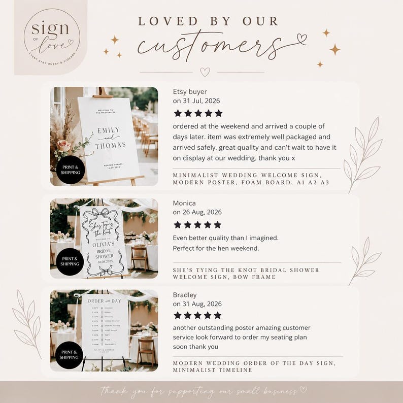 May include: A customer review graphic featuring three wedding signage examples: a welcome sign for Emily and Thomas, a bridal shower sign with a bow frame, and an order of the day timeline. Each section includes a five-star rating and text.