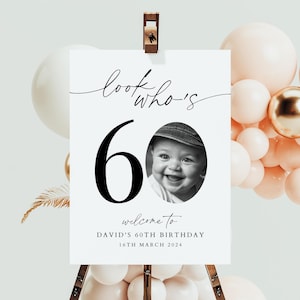 EDITABLE, 60th Welcome Sign, Look Who&#39;s 60 Welcome Sign, Birthday Sign, Modern 60th Welcome Sign, Birthday Welcome Sign, Photo Birthday sign