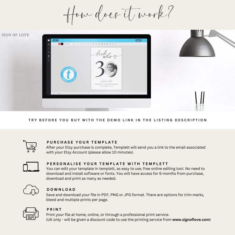 May include: A computer screen displaying a digital template for a birthday card. The card features a photo of a person and the text "look who's 30". The image also includes instructions on how to purchase, personalize, download, and print the template.