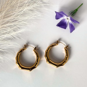 18k Gold plated Bamboo Hoop Earrings | Minimalist Hoop Earrings | 18k Gold-Plated Hoops | Elegant Everyday Earrings | Dainty  Jewelry
