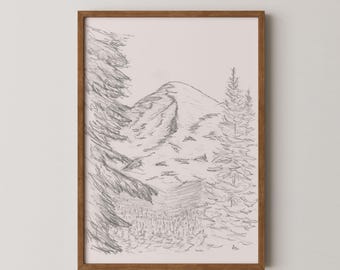 Mt. Rainier Sketch No. 2 | Original Hand Drawn Mountain Sketch | Neutral Aesthetic Fine Art Print / Wall Art | Printable Digital Download