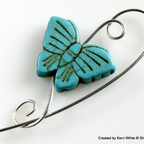 Turquoise Butterfly Animal Shawl Pin, Scarf Pin, Brooch - Animal Pin, Scarf Accessory, Jewelry Brooches, Gift for Knitters