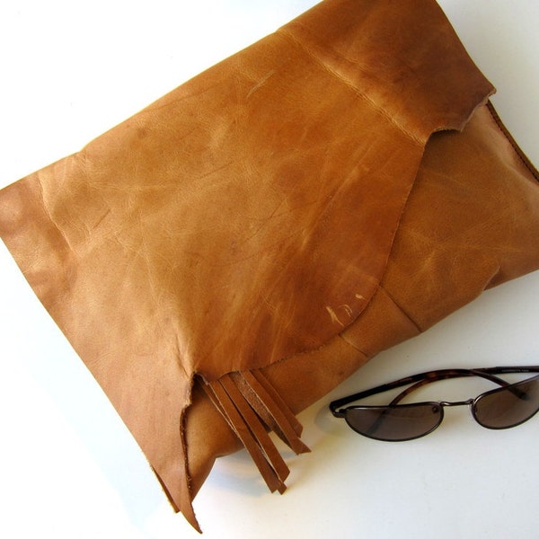 RESERVED LISTING --- LEATHER Clutch Bag Purse Shoulder Strap Cross Body - Raw and Rustic - Fringe and Raw Edge