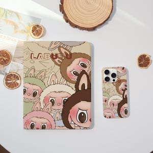 Cute Labubu Cartoon Case for iPad & iPhone 15 14 ProMax Plus 13 12 Mini Cover iPad 10.9 10.2" iPad 10/9/8/7th Air 7/5/4 Mini 7 Pro 12.9" in.