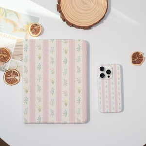 Floral Stripes Case for iPhone 15 14 ProMax 16 Pro 13 12 Mini Cover iPad Pro 12.9&quot; 10.2&quot;, iPad 10/9th Case, Pink iPad Air 7/5,  iPad Mini 7