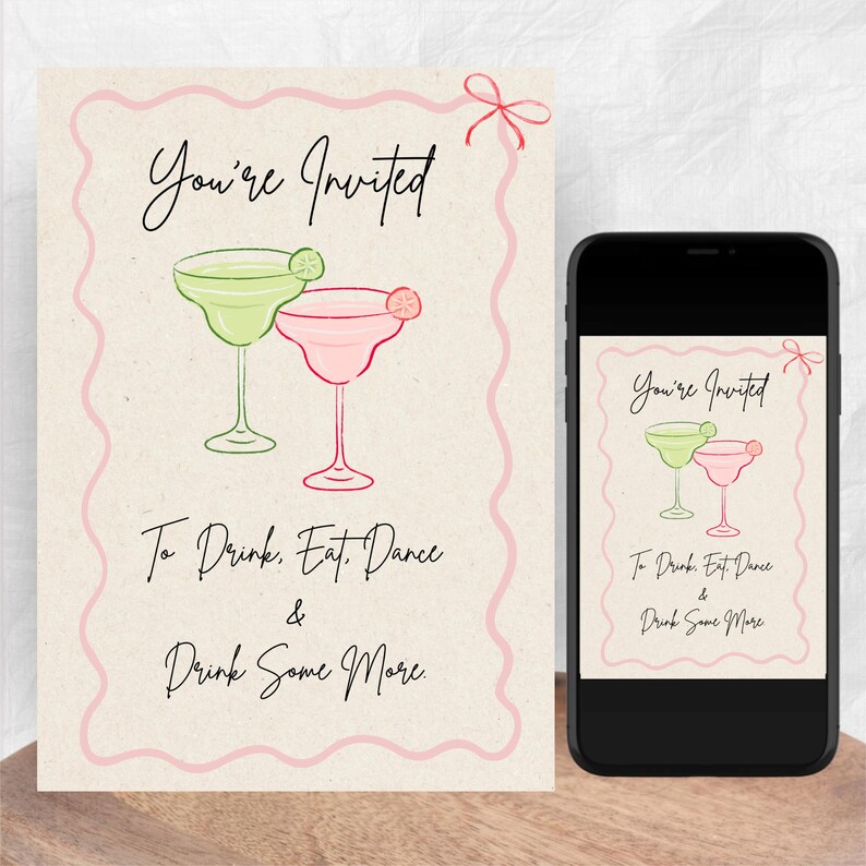 A photograph of both the invitation as a print-out and as a digital version on an iphone both placed on a wooden table. White background.