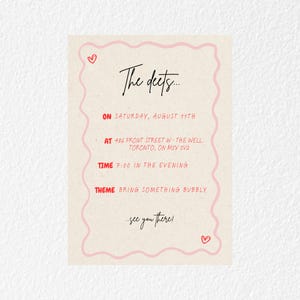 A white background showcasing only the back of the invitation. The back includes the details of the event including the date, time, address and theme. The template includes a pink squiggle border and red coloured writing.