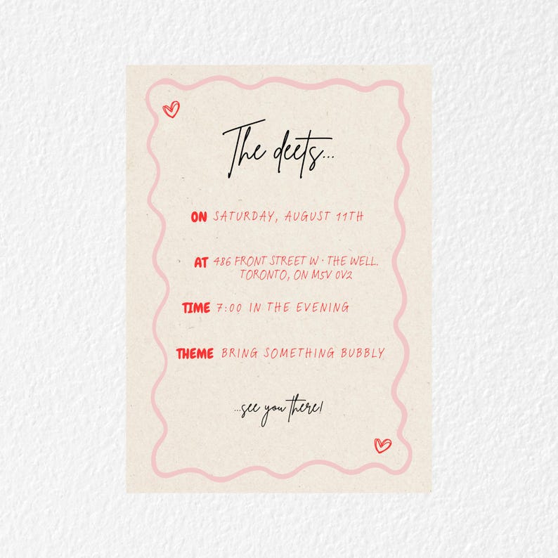 A white background showcasing only the back of the invitation. The back includes the details of the event including the date, time, address and theme. The template includes a pink squiggle border and red coloured writing.