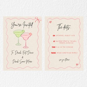 A white textured background showing both the front and back of the invitation side by side. Both beige with pink, green and red throughout.