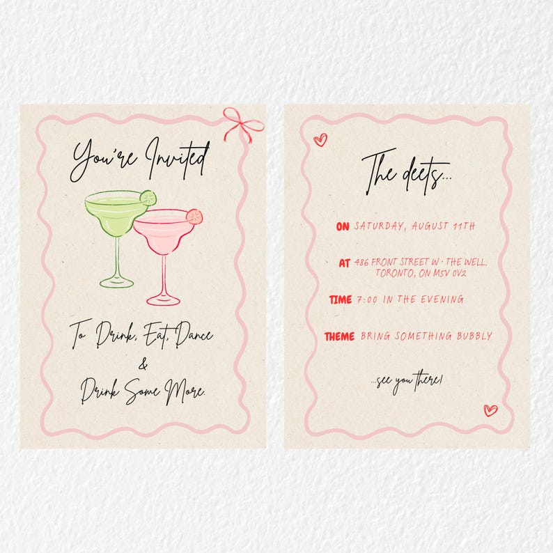 A white textured background showing both the front and back of the invitation side by side. Both beige with pink, green and red throughout.