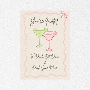 Shows the front of the invitation against a white plain background. The invitation is beige in colour with pink squiggle lines on the border plus a bow. Two cocktails glasses green and pink are in the centre with caligraphy wording.