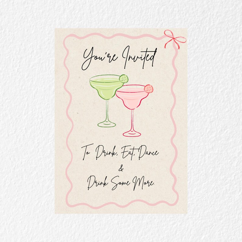 Shows the front of the invitation against a white plain background. The invitation is beige in colour with pink squiggle lines on the border plus a bow. Two cocktails glasses green and pink are in the centre with caligraphy wording.