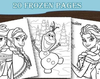May include: A set of 20 black and white coloring pages featuring characters from the Disney movie Frozen. The pages include Elsa, Anna, and Olaf.