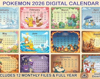 Calendario imprimible 2026 / Planificador mensual de monstruos de anime lindos / Regalo de último minuto para niños y jugadores / Decoración de habitación kawaii / Descarga instantánea /