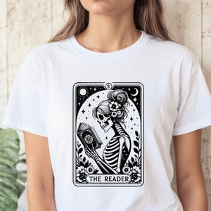 The Reader Tarot Card Sweatshirt, Book Lover Shirt, Skeleton Reading Sweater, Tarot Lover Gift Shirt, Bookish Gift Sweatshirt, Bookworm Tee