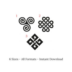 Può includere: Tre disegni di nodi celtici neri su sfondo bianco. I disegni includono un triskel, un nodo e un nodo quadrato. Il testo in basso recita "6 taglie - Tutti i formati - Download istantaneo."