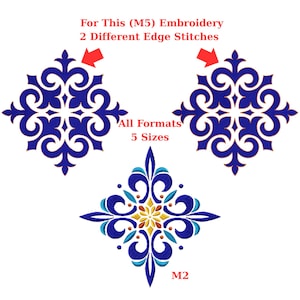 May include: Three embroidery designs are displayed. Two are blue, symmetrical, and square-shaped with intricate patterns. The third design is a similar shape, featuring blue, teal, and gold colours. Text indicates the designs are available in multiple formats and sizes.