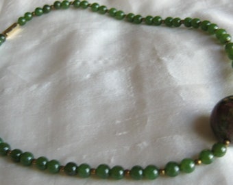 Vintage Green Jade Choker Necklace with Large Cloisonne Center Bead