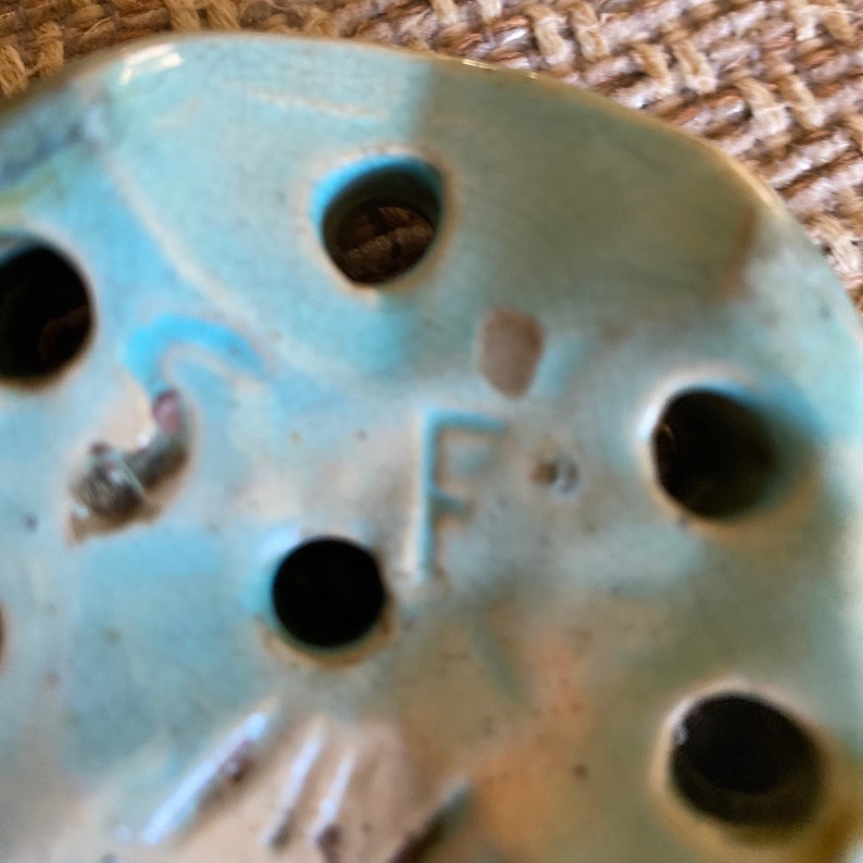 Vintage Handmade Aqua Pottery Flower Frog for Flower Arranging