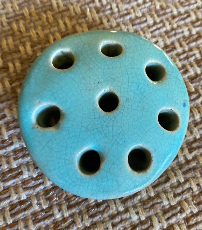 Vintage Handmade Aqua Pottery Flower Frog for Flower Arranging