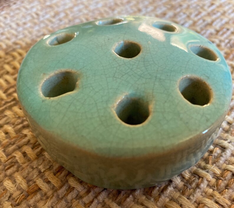 Vintage Handmade Aqua Pottery Flower Frog for Flower Arranging