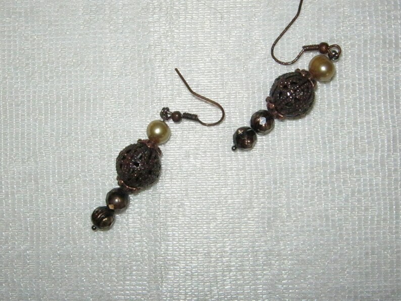Large Copper Tone Pendant and Earrings with Freshwater Pearls