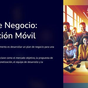 Puede incluir: Un grupo de personas reunidas alrededor de un ordenador portátil, discutiendo un plan de negocios para una aplicación móvil. El texto en la pantalla dice "Plan de Negocio: Aplicacion Movil".