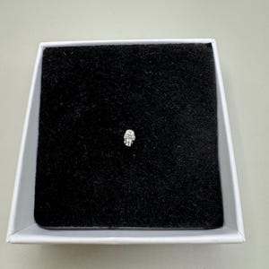 May include: A tiny, glittering skull-shaped stud earring sits on a black velvet surface within a white box. The earring is made of small, clear gemstones, reflecting light. The box is open, displaying the jewellery.