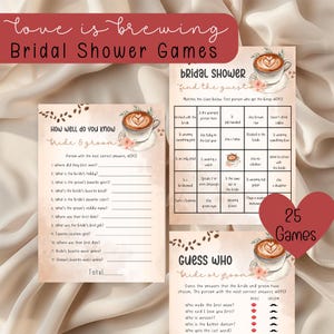 Lot de jeux pour la douche nuptiale Love is Brewing, Lot de jeux de fête sur le thème du café, Jeux pour la douche nuptiale, Jeux de fête à imprimer, Bingo, Jeu de mots