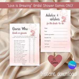 Lot de jeux pour la douche nuptiale Love is Brewing, Lot de jeux de fête sur le thème du café, Jeux pour la douche nuptiale, Jeux de fête à imprimer, Bingo, Jeu de mots