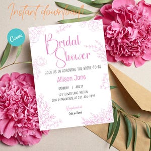 Rose Pink Toile Bridal Shower Invite. Rose Pink Toile Afternoon Tea Brunch Bridal Shower. Bridal Shower Invitation Pink Botanical Invite