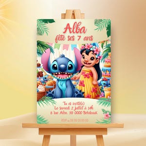 Invitation Anniversaire Fille Stitch – Carte Digitale à Personnaliser et Imprimer – Thème Disney Lilo & Stitch – Fête Enfant