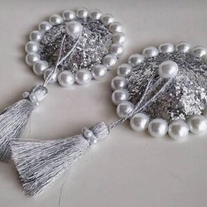 Silver Pearl nipple pasties costume Burlesque tassels Bridal bachelorette wedding gift dancer sexy rave boudoir