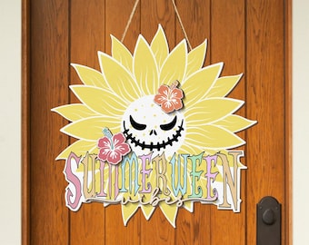 Summerween wooden sign, house sign spooky sunflower halloween decoration party sign bar decor beach season summerween vibe floral decor