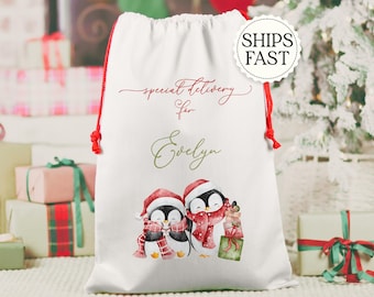 May include: White Christmas gift bag with red drawstring closure. Features a watercolor illustration of two penguins wearing Santa hats and scarves, holding gifts. Text reads "special delivery for Evelyn."