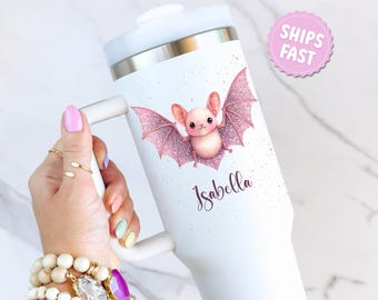 Personalizable Cute Bat 40oz Tumbler Personalized Halloween Name Cup Cute Spooky Season Keepsake Faux Pink Glitter Bat Mug Pinkoween Tumbler