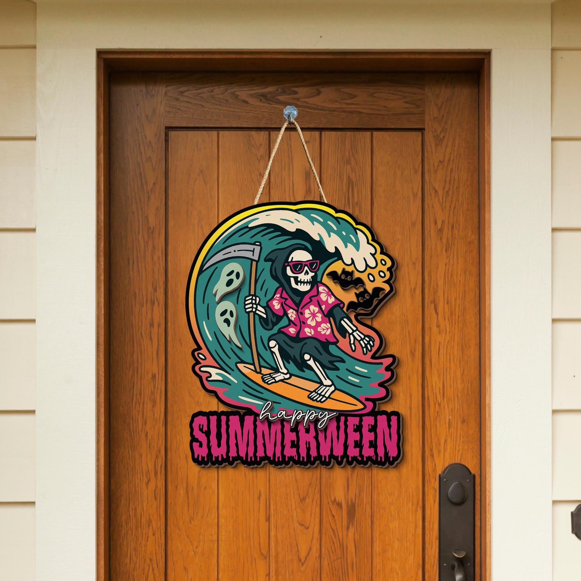 Summerween Wooden Sign, summerween decor, house sign spooky skeleton summer halloween decor party wooden bar beach season vibe decoration