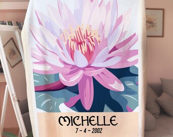 Water Lily Custom Birth Flower Blanket, Personalizable Blanket, Gift for Mom, Birth Month Flower, Mother&#39;s Day, Birth Flower Gift