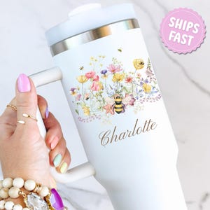 Bumble Bee 40oz Tumbler Personalized Honeycomb Bees Name Cup Bees and Wildflowers Keepsake Honey Bee Mug Bumblebee Queen Bee Travel Mug