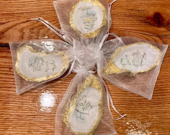 Gold Leaf Wedding Cake Oyster Shell Favors: Coastal Bridal Shower Decor