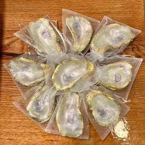 Puede incluir: Ocho conchas de ostra con bordes dorados, cada una en una bolsa de organza blanca transparente. Las conchas tienen un interior nacarado y están dispuestas sobre una superficie de madera. Un regalo único o un artículo decorativo.