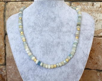 Raw Aquamarine Beaded Necklace with Gold Accents – March Birthstone Jewelry – Handmade Gemstone Necklace