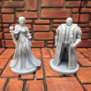 May include: Two gray miniature figurines. One is a woman in a long dress holding a goblet. The other is a man in a long coat holding a staff. Both figures are on round bases, suitable for tabletop gaming or display.