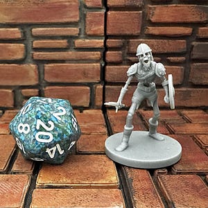 May include: A gray miniature skeleton warrior figure with a sword and shield stands next to a large, multi-sided die. The die is teal and blue with white numbers. The background is a brick wall.