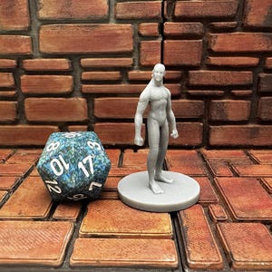 May include: A gray, 3D-printed miniature figure of a person stands on a round base next to a blue and green polyhedral die. The background features a brick-like pattern in shades of brown and orange.