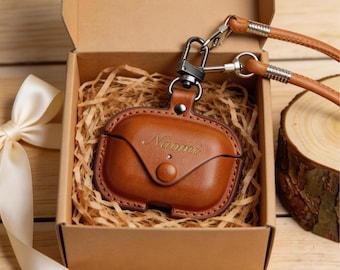 Funda de cuero personalizada para AirPods con cordón: iniciales grabadas con láser