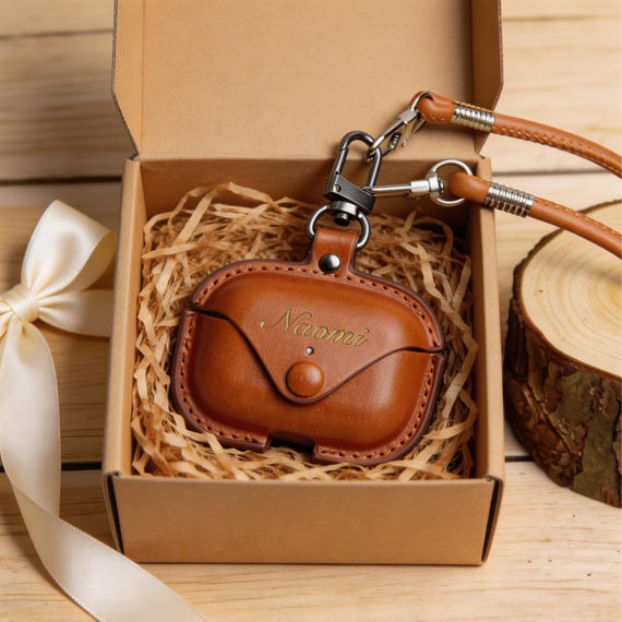 Personalized Leather AirPods Case with Lanyard: Laser Engraved Initials