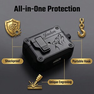 May include: Black protective case with the name "Jaden" and a wolf engraving. The case has a clip and the word "OPEN" is visible. The image also includes the words "All-in-One Protection", "Shockproof", "Portable Hook", and "Unique Engraving".